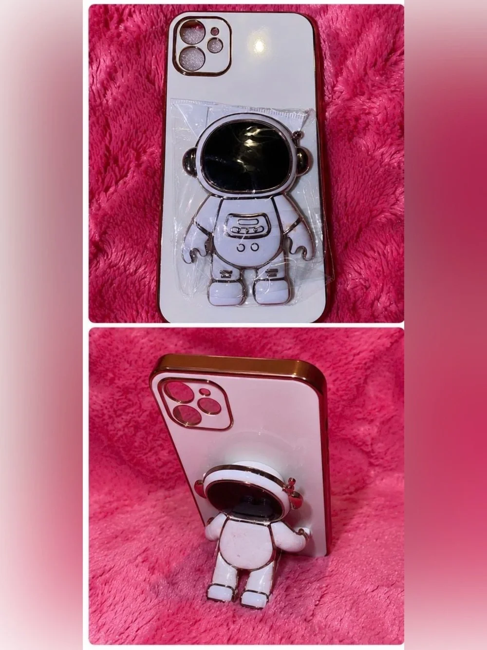 White and Gold Astronaut I Phone 11 and 13 phone Case with Stand
